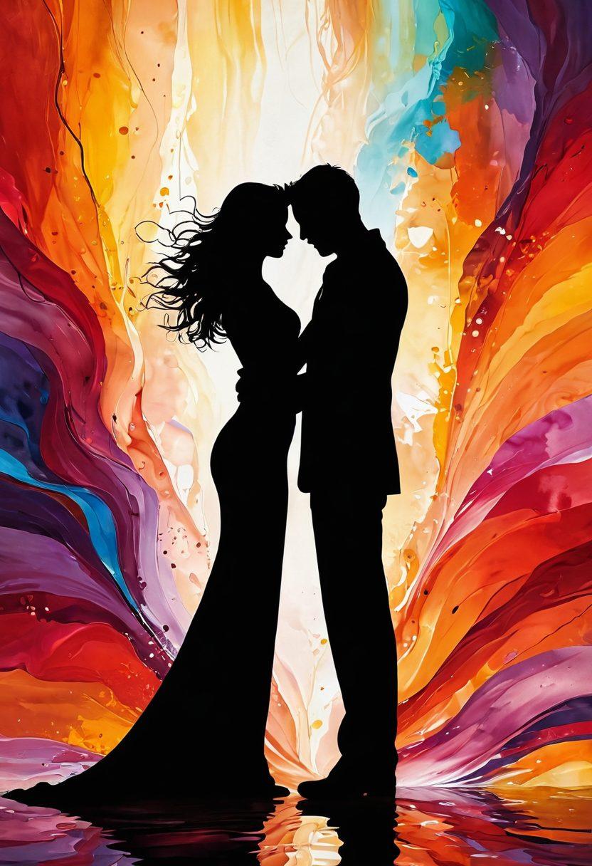 A captivating scene depicting two intertwined silhouettes against a vibrant, abstract background symbolizing love and intimacy. Elements of gentle passion, like soft petals and flowing waves, surround them, illustrating the depth of affection. Incorporate warm colors to evoke emotion and set a passionate tone. The style can blend surrealism with a modern touch to enhance the artistic essence. vibrant colors. surrealistic.