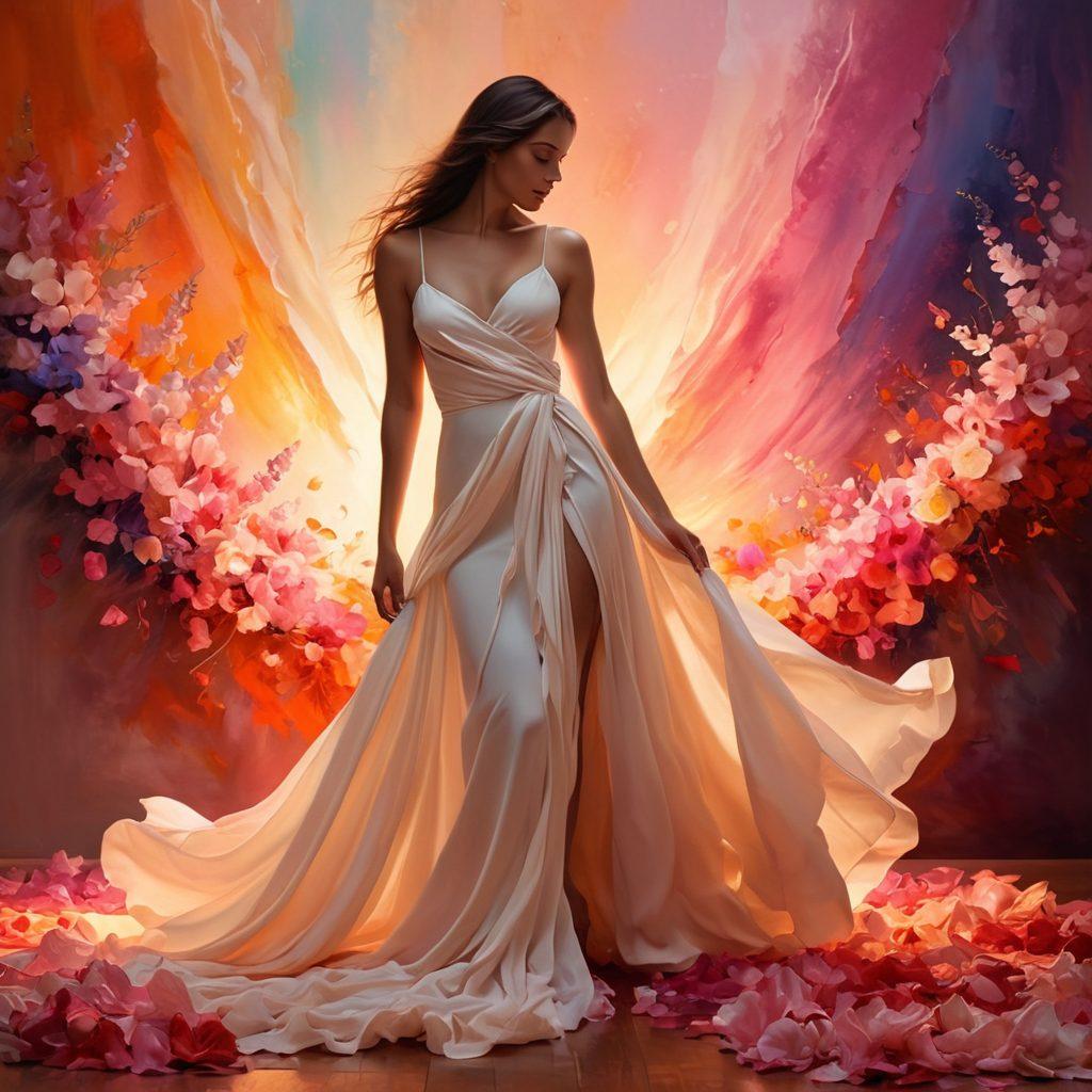 A captivating blend of abstract and figurative art showcasing a journey from devotion to sensuality. The scene features a radiant figure draped in flowing fabrics, surrounded by soft petals and warm candlelight, symbolizing deep affections. An interplay of light and shadow emphasizes emotional depth, with soft colors transitioning to more vibrant hues. The background hints at a mystical atmosphere, creating an inviting space for reflection. painting. vibrant colors. dreamy atmosphere.